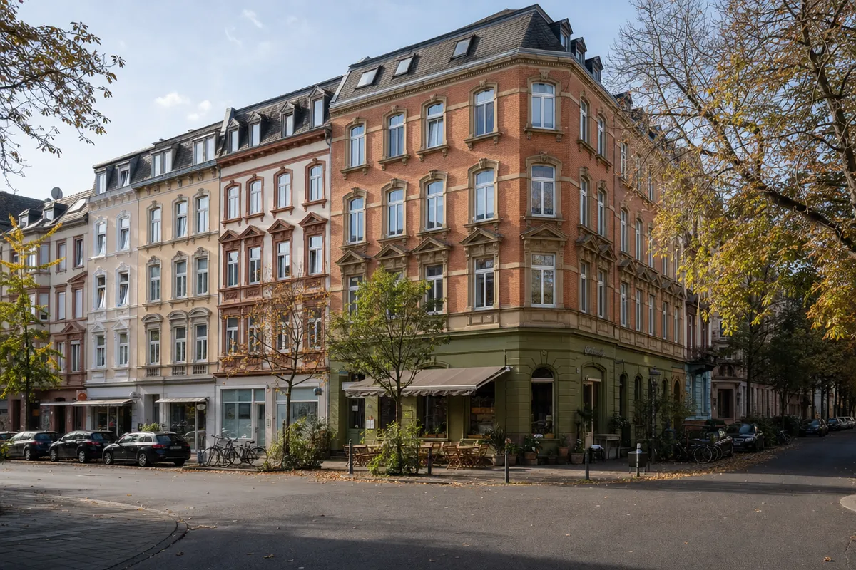 Straßenzug in der Mainzer Neustadt mit mehreren Gründerzeithäusern, Läden und Cafés im Erdgeschoss und Wohnungen in den Obergeschossen