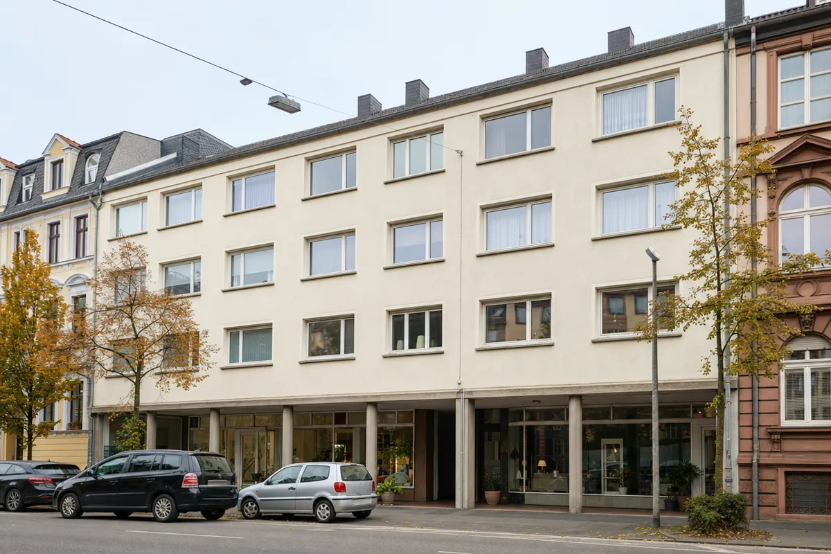 Verputztes Wohn- und Geschäftshaus aus dem Wiederaufbau der 1950er Jahre mit Ladenarkade im Erdgeschoss, wie es in der Mainzer Innenstadt steht
