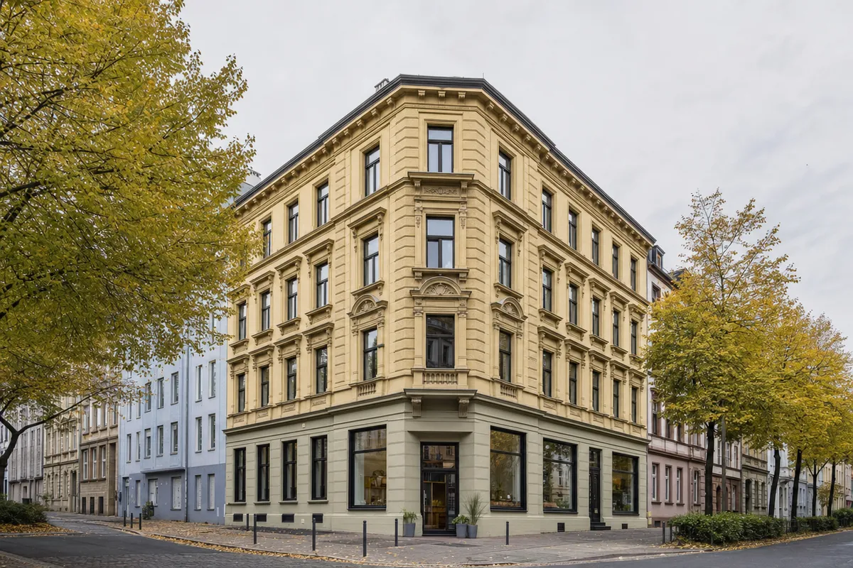 Gründerzeit-Eckhaus mit Ladengeschäft hinter großen Schaufenstern und drei Wohngeschossen darüber, wie man es in der Mannheimer Neckarstadt-West findet