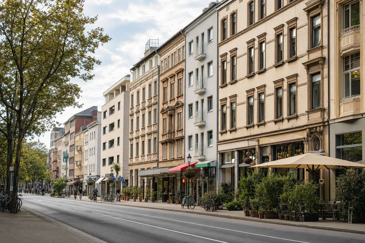 Geschäftsstraße mit geschlossener Häuserzeile aus Gründerzeit und Nachkriegsbauten, Läden im Erdgeschoss und Wohnungen darüber, wie in der Mannheimer Neckarstadt