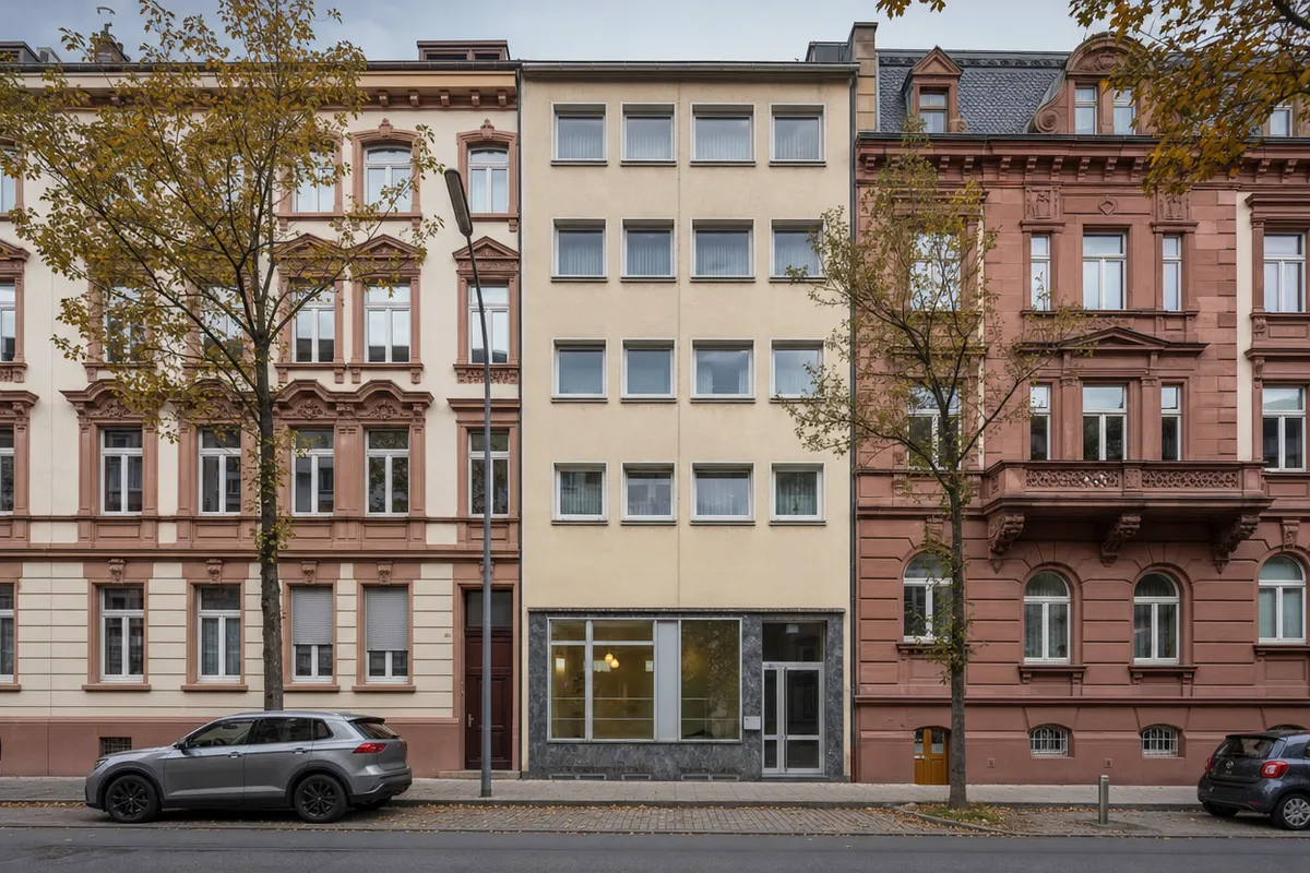 Nachkriegsbau mit Laden im Erdgeschoss und Wohnungen darüber in einer geschlossenen Baulücke zwischen Gründerzeithäusern, wie in der Mannheimer Neckarstadt-West