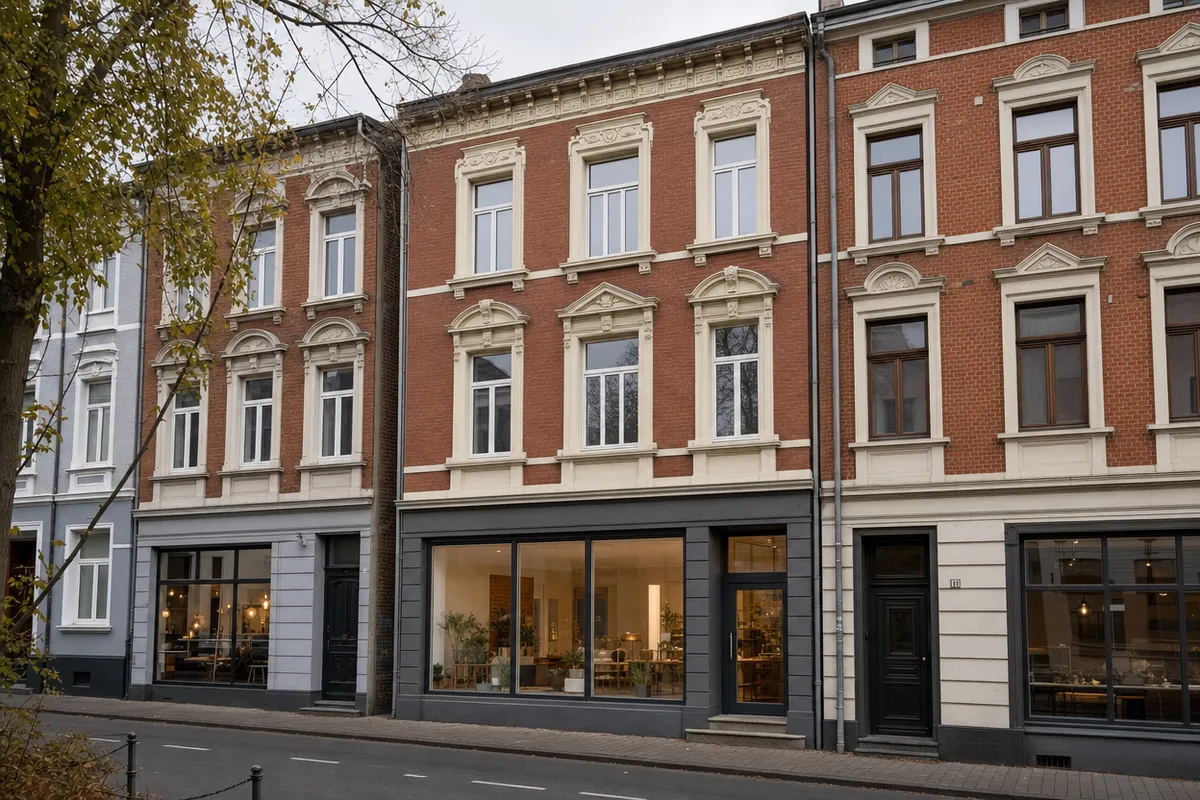 Mehrgeschossiges Gründerzeithaus mit historistischer Backsteinfassade, Laden im Erdgeschoss und Wohnungen darüber, Bauform des Gründerzeitviertels in Mönchengladbach