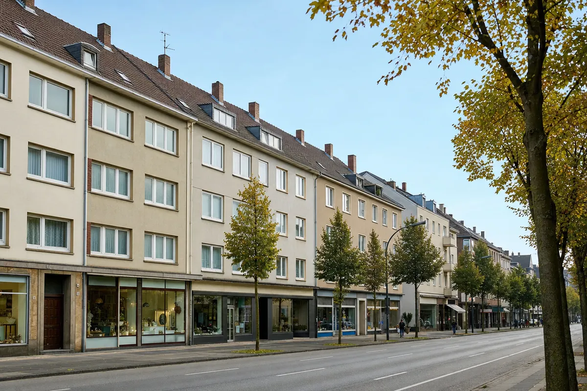 Straßenzug in Mönchengladbach-Rheydt mit Wohn- und Geschäftshäusern aus dem Wiederaufbau der 1950er, Läden im Erdgeschoss, drei Obergeschosse und Dachgeschoss