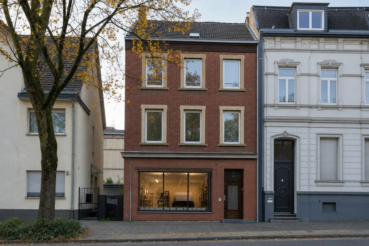Schmales mehrgeschossiges rheinisches Dreifensterhaus mit drei Fensterachsen und Backsteinfassade in einer Häuserzeile, wie in Mönchengladbach-Geneicken