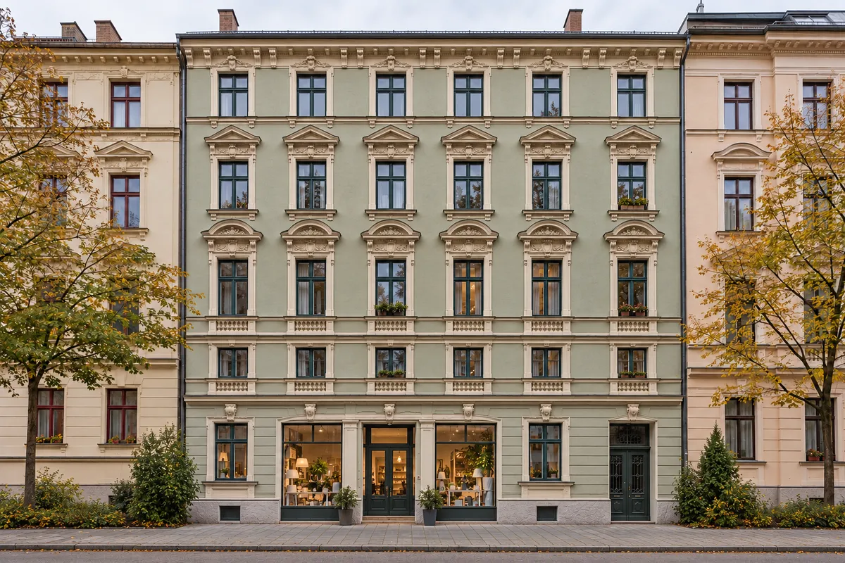 Gründerzeitliches Mietshaus mit Laden im Erdgeschoss, farbig gefasster Putzfassade und Stuck, typisch für das Franzosenviertel in München-Haidhausen