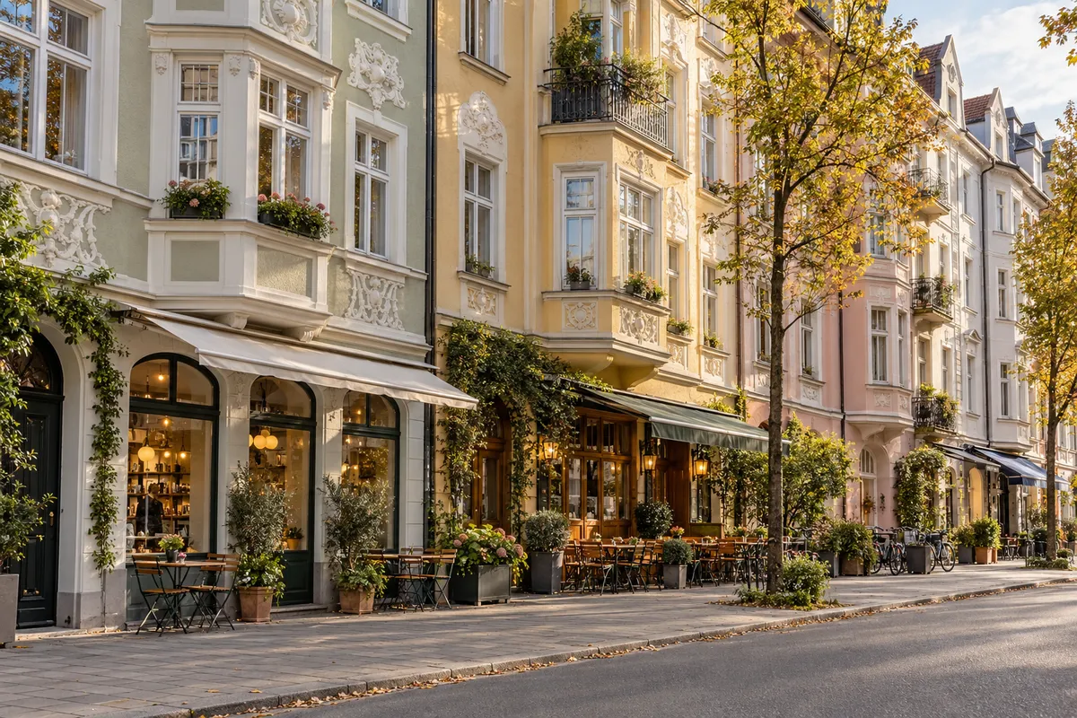 Straßenzug mit verputzten Mietshäusern, Geschäften und Café im Erdgeschoss und Wohnungen darüber, wie im Lehel und in Haidhausen in München