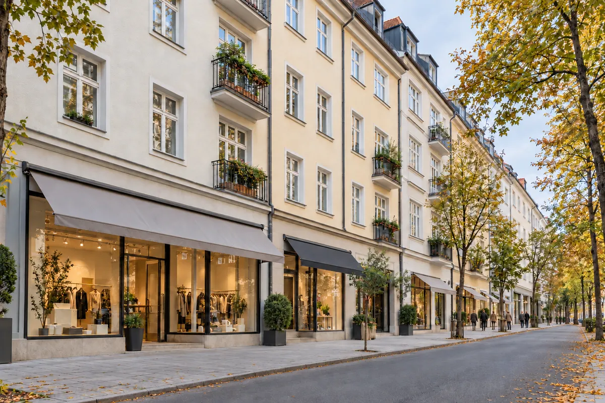 Wohn- und Geschäftshaus aus dem Wiederaufbau in traditioneller Bauform mit verputzter Fassade und Läden im Erdgeschoss in der Altstadt von München