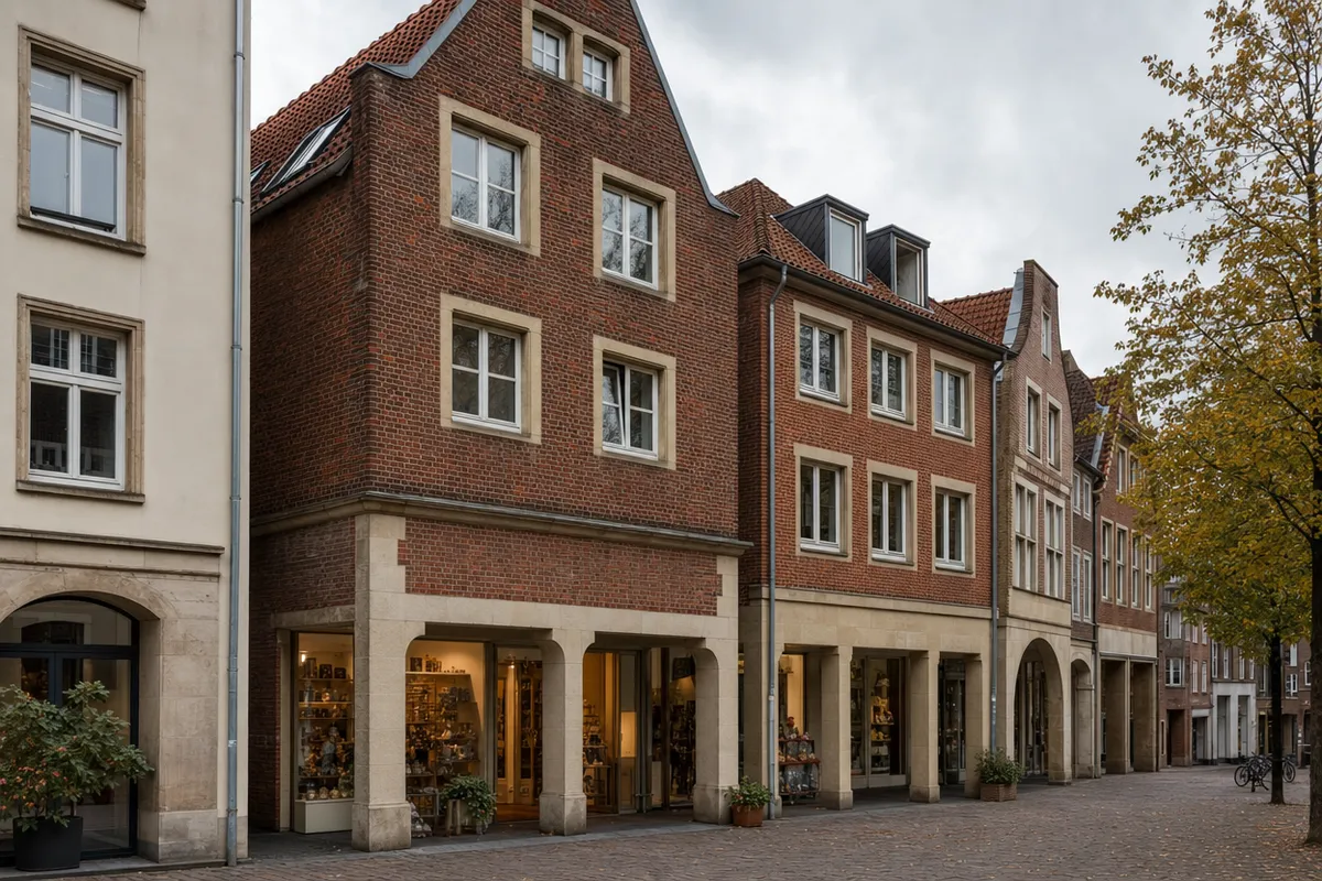 Wohn- und Geschäftshaus mit Arkadengang, unverputzter Backsteinfassade und werksteingerahmten Fenstern, ein seltener Vorkriegstyp in Münsters Altstadt