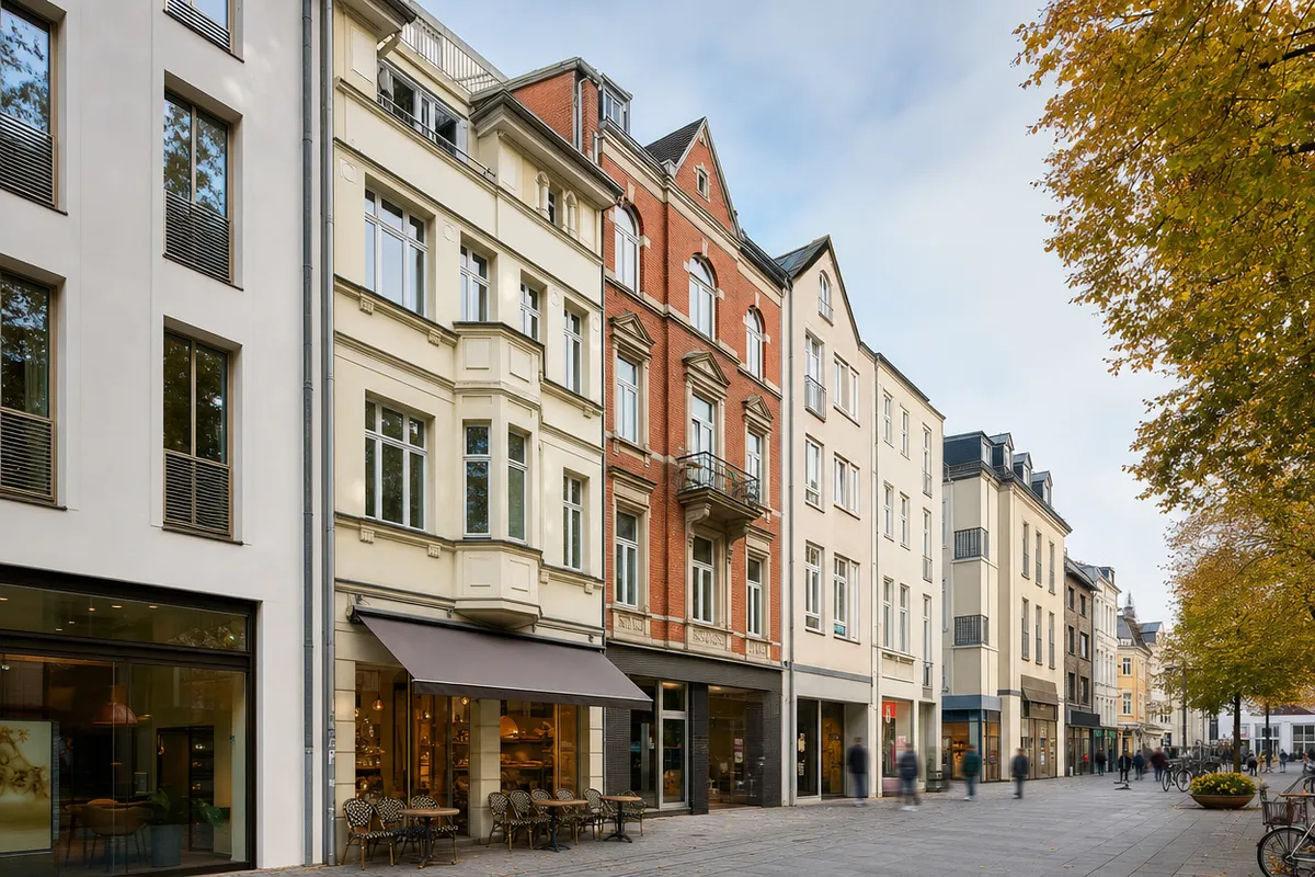 Straßenzug mit Häusern verschiedener Bauzeiten, Café und kleinen Läden im Erdgeschoss und Wohnungen darüber, wie in Münsters Stadtteilzentren