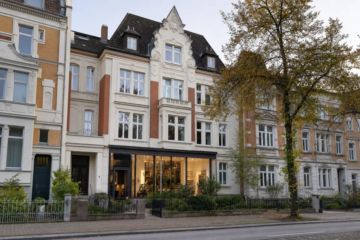 Gründerzeithaus mit Jugendstilfassade und Steildach an der Straßenkante hinter einem Vorgarten, typisch für das Münsteraner Kreuzviertel