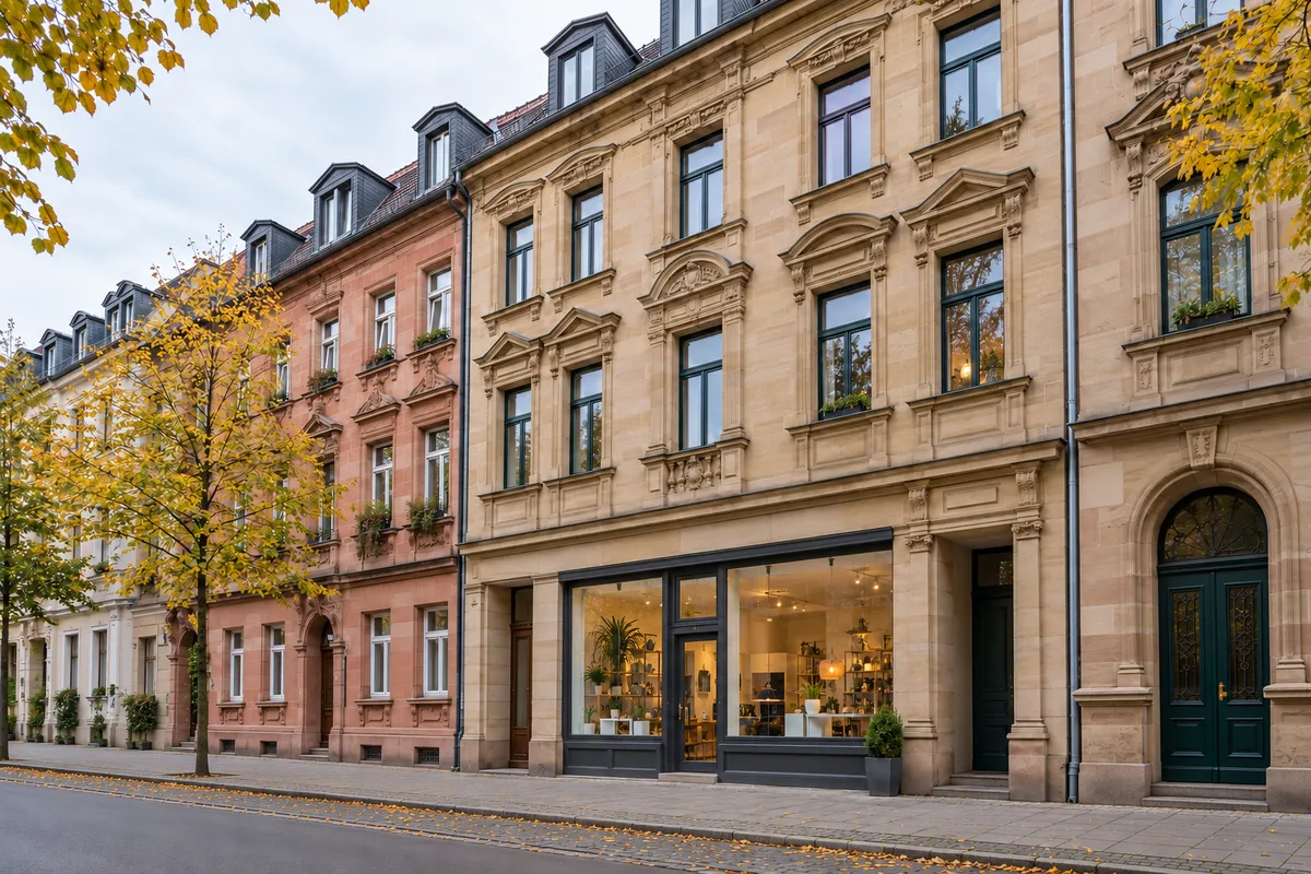 Gründerzeitliches Wohn- und Geschäftshaus im geschlossenen Blockrand mit steinerner Fassade, Laden im Erdgeschoss und Wohnungen darüber, typisch für Nürnberg-Gostenhof
