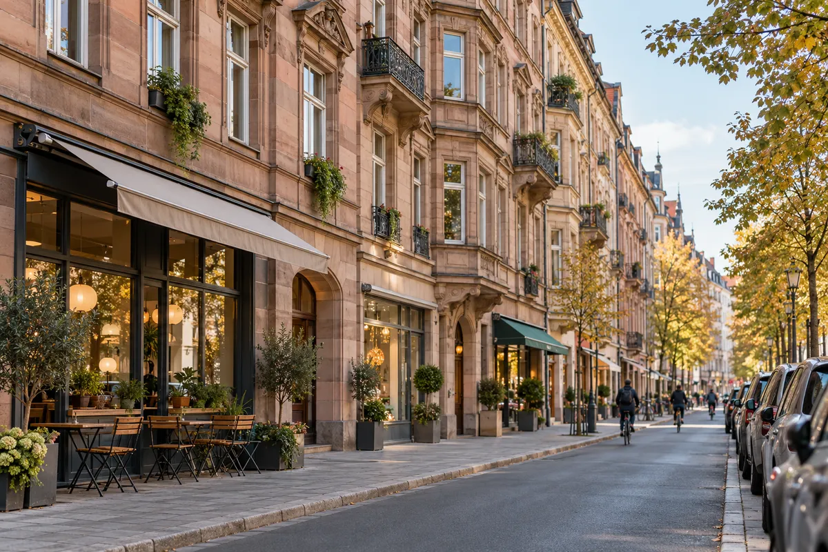 Geschlossener Blockrand der späten Gründerzeit mit steinernen Fassaden, unten Läden, Café und Dienstleister, oben Wohnungen, an der Nürnberger Fürther Straße