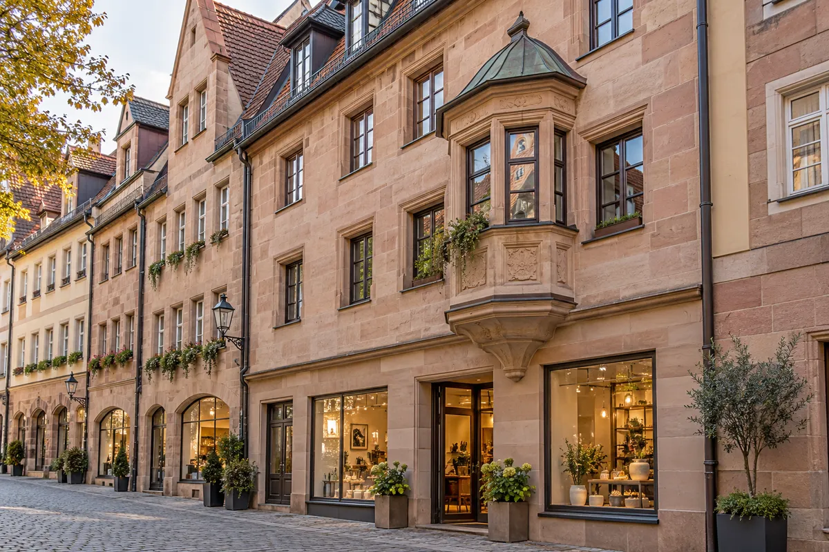 Steinernes Traufseithaus mit Sandsteinfassade, kleinem Erker, Gauben im Steildach und Laden im Erdgeschoss in einer Gasse der Nürnberger Altstadt