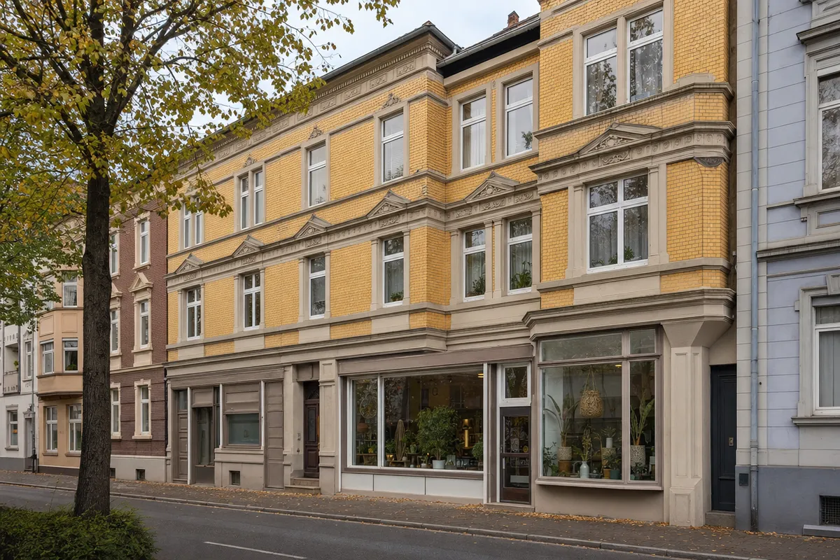 Historistisches Wohn- und Geschäftshaus mit Laden im Erdgeschoss und Fassade aus gelbem Backstein, wie am Altmarkt in Alt-Oberhausen belegt