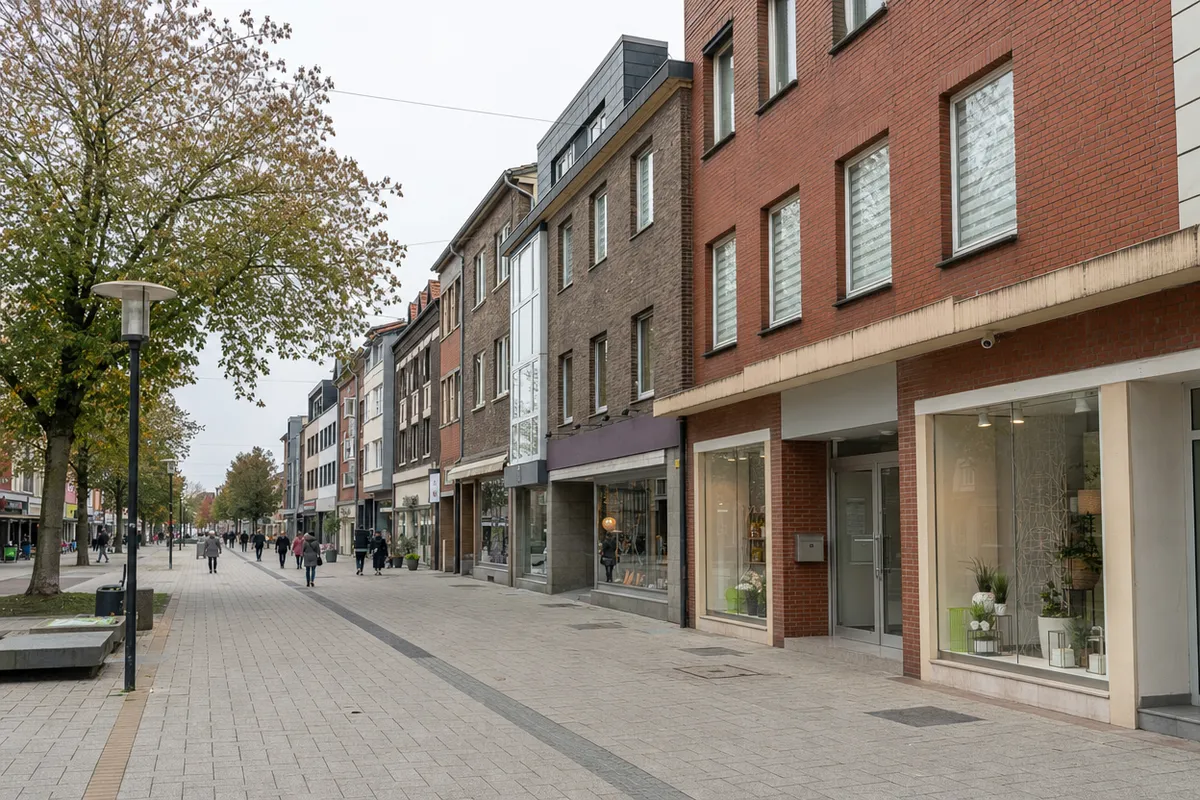 Fußgängerzone mit Wohn- und Geschäftshäusern, Läden unten und Wohnungen darüber, wie an Bahnhofstraße und Steinbrinkstraße in Oberhausen-Sterkrade