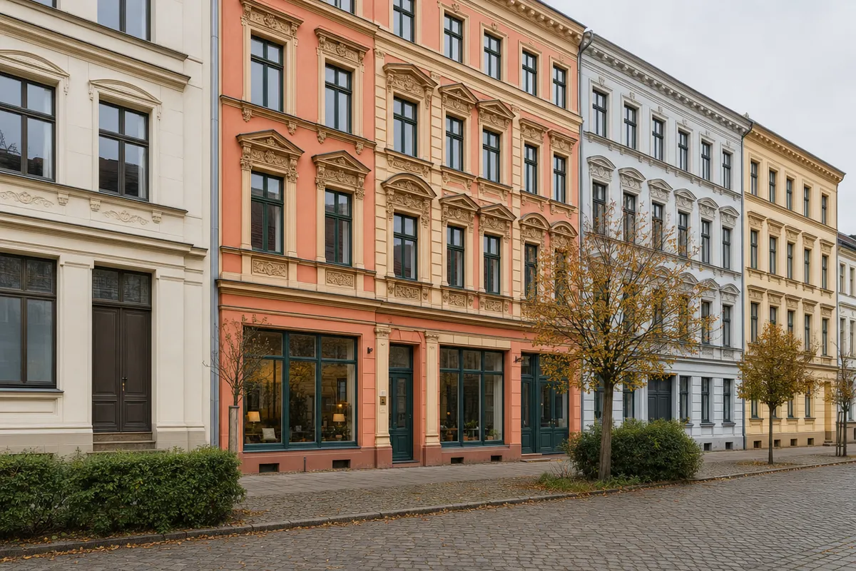 Gründerzeitliches Wohn- und Geschäftshaus mit bunter, verzierter Fassade und Laden im Erdgeschoss, typisch für die Kröpeliner-Tor-Vorstadt in Rostock