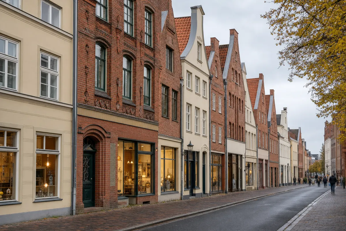 Straßenzug mit schmalen Giebelhäusern aus Backstein und hellem Putz, Läden im Erdgeschoss und Wohnungen darüber, wie in der Rostocker Innenstadt