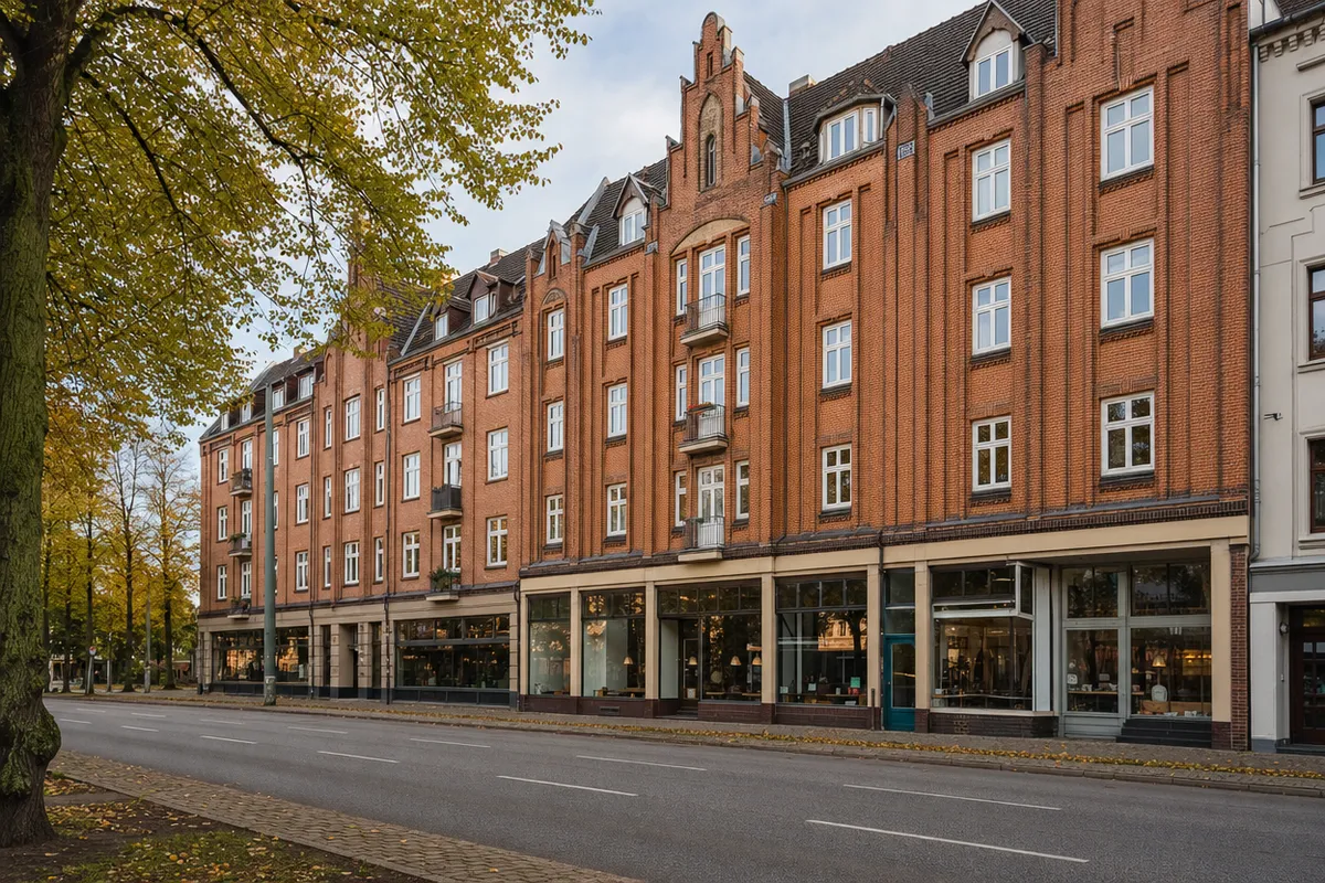 Fünfgeschossiges Wohn- und Geschäftshaus der 1950er mit Klinkerfassade und Läden im Erdgeschoss, typisch für den Wiederaufbau an der Langen Straße in Rostock