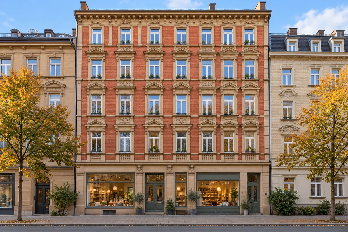 Fünfgeschossiges Gründerzeithaus mit Sandstein- und Ziegelfassade und Laden im Erdgeschoss, typisch für die Blockrandbebauung im Stuttgarter Westen