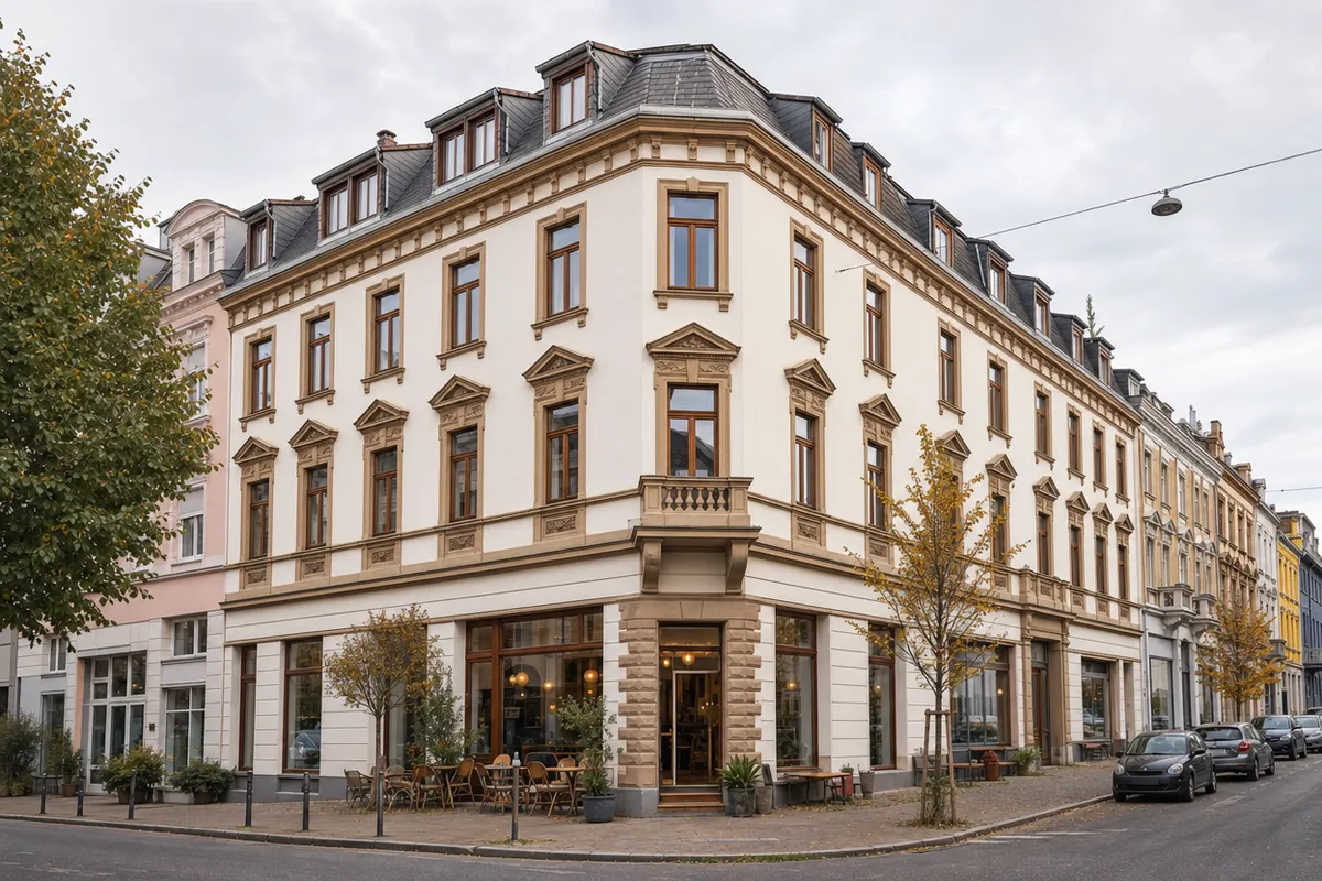 Gründerzeitliches Eckhaus mit Café im Erdgeschoss, verputzter Fassade und Sandsteingewänden an den Fenstern, wie im Wiesbadener Westend