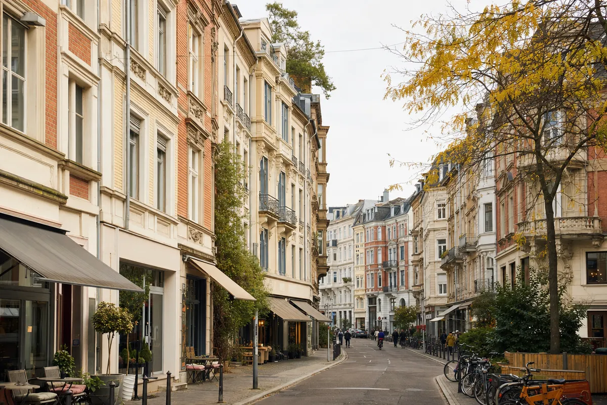 Straßenzug mit viergeschossigen Altbauten, Läden und Cafés im Erdgeschoss und Wohnungen darüber, wie an der Wellritzstraße in Wiesbaden