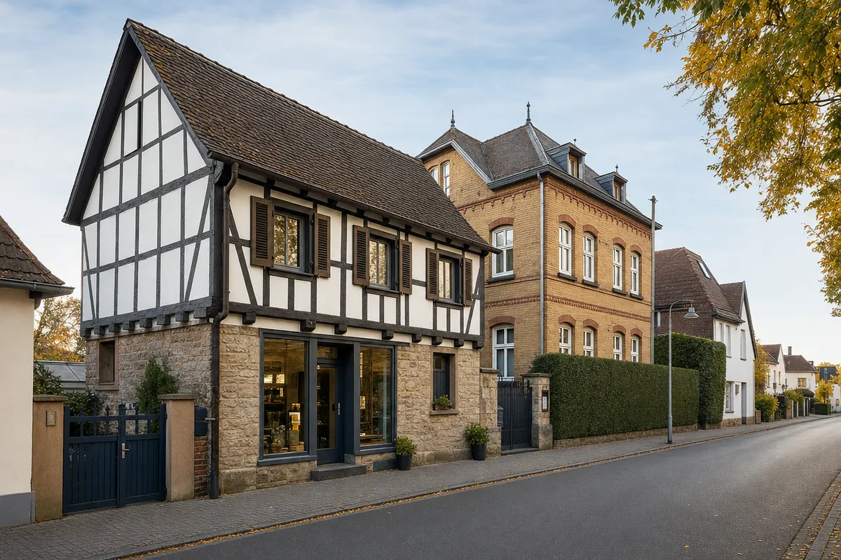 Fachwerkhaus auf Steinsockel mit kleinem Laden im Erdgeschoss und Wohnung darüber im historischen Ortskern eines Wiesbadener Vororts