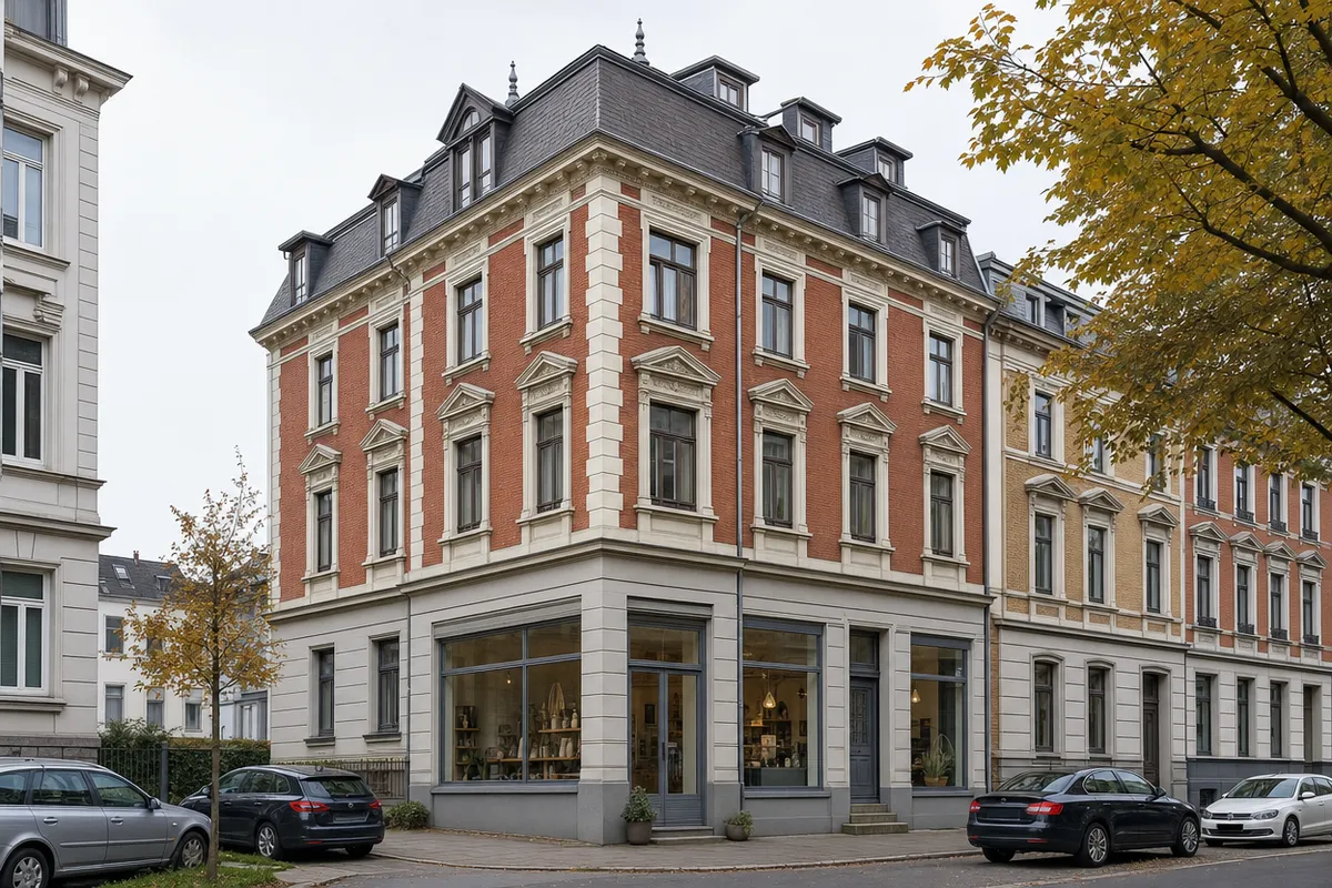 Mehrgeschossiges Gründerzeithaus mit roter Backsteinfassade und hellem Stuck nach Art der Elberfelder Nordstadt in Wuppertal, im Erdgeschoss ein Laden