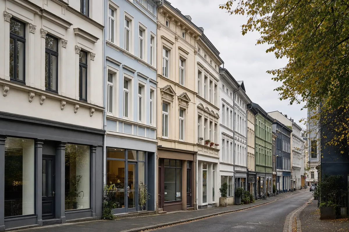 Klassizistische Wohn- und Geschäftshäuser mit Putzfassaden und Läden im Erdgeschoss, wie an der Luisenstraße in Wuppertal-Elberfeld
