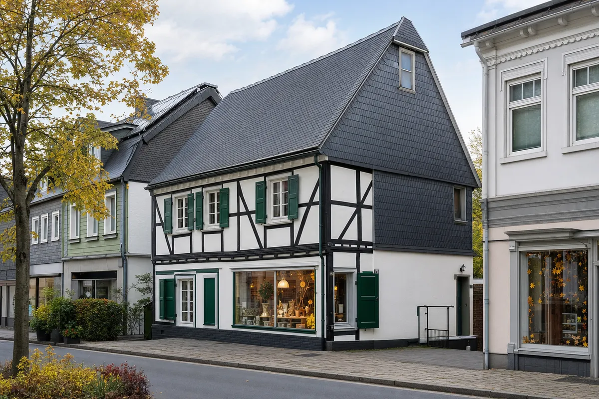 Bergisches Fachwerkhaus mit schwarzen Balken, weißen Gefachen, grünen Schlagläden und kleinem Laden im Erdgeschoss, Bauweise der alten Ortskerne Wuppertals